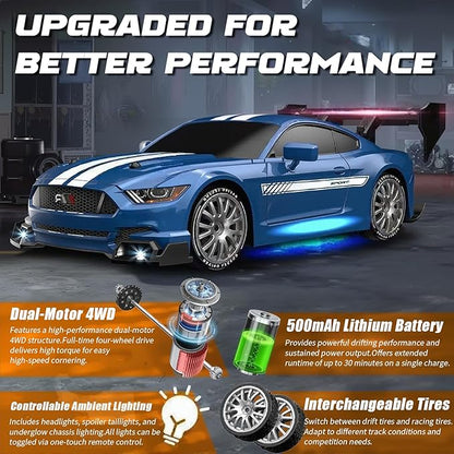 RC Drift Car 1:24 Scale Remote Control Vehicle for Kids2.4GHz 20KM/H 4WD High Speed RC Cars with LED Light Two Batteries &amp Drifting Tires Racing Sport Toy Cars for Adults Boys Girls Kids 8607BK