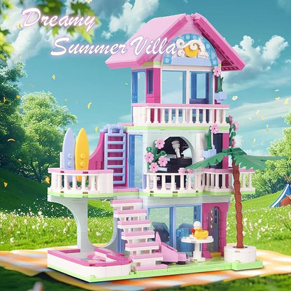 678PCS Pink Beach House Building Blocks Kit Compatible with Lego Particle SizesFriends Interactive Architecture Holiday Dream VillaUnique Birthday Gift Toy for Girls or Boys Age 6 7 8 9 10 11 12+