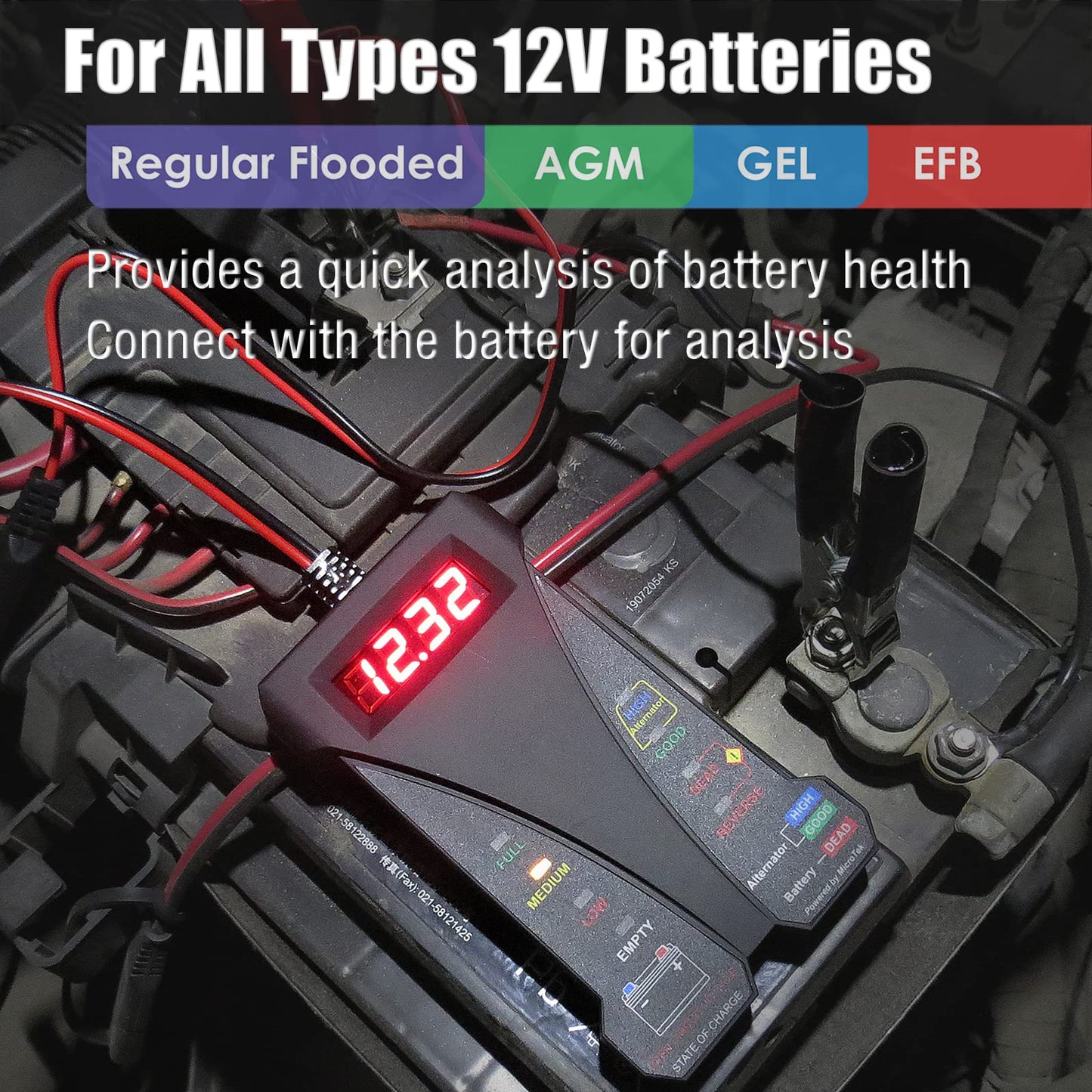 MOTOPOWER MP0514A 12V Digital Car Battery Tester Voltmeter and Charging System Analyzer with LCD Display and LED Indication - Black Rubber Paint