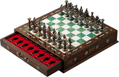15'' Wooden Chess Set with Metal Chess Pieces – Handmade Storage Chess Board &amp British Metal Pieces – Elegant Chess Gift for All Ages – Gift for Him (Green)
