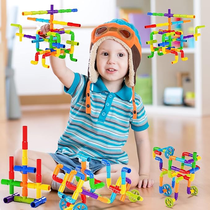 burgkidz STEM Learning Pipe Tube Construction Building Blocks Sensory Toys with Wheels Baseplate for All Ages Kids Boys Girls 188 Pcs
