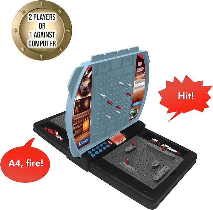 Lexibook Talking Sea Battle (French English Spanish Portuguese) Electronic Board Game 1 or 2 Players Interactive Light and Sound Effects Strategy Battery Operated Grey/Black GT2800US