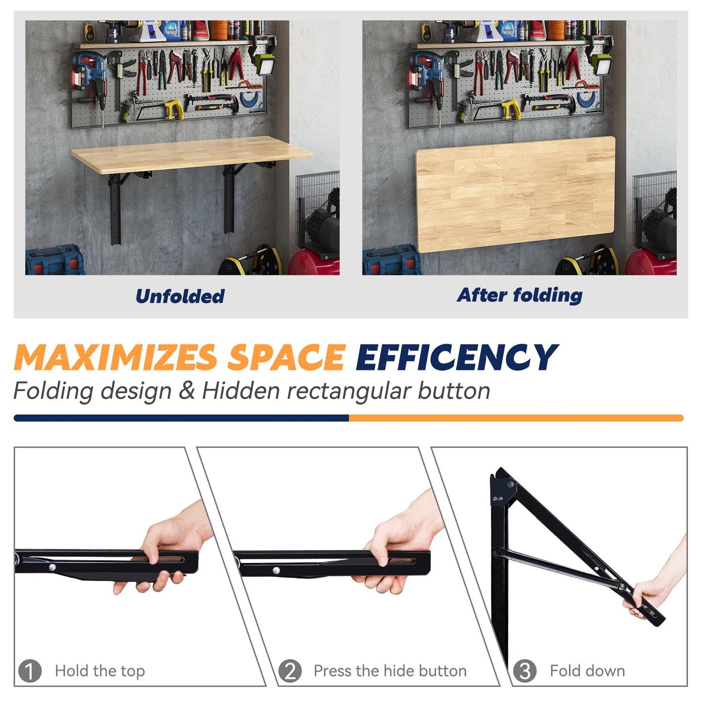 Ultrawall 24 inch Black Sturdy Folding Shelf Brackets, Heavy Duty Adjustable Steel Wall Mounted Collapsible Shelf Bracket, Max Load 550lb