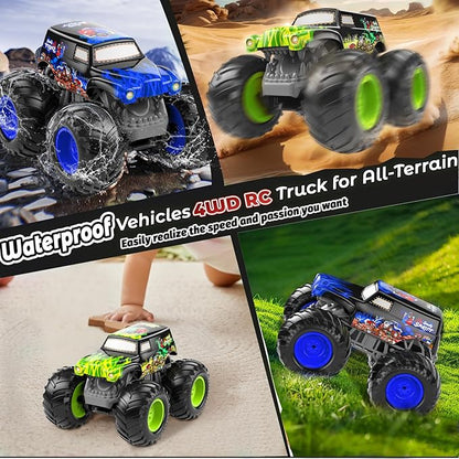 1:14 Waterproof Remote Control Car Front &amp Rear Wheelie Monster Truck Amphibious RC Truck with 2 Sets of Rechargeable Batteries and AAA Batteries 4WD Off-Road Vehicle for Kids Ages 6-12