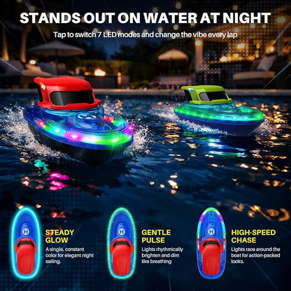 SYMA 2 Pack RC Boats for Kids Remote Control Boats for Pool 7-Mode LED Light Up &amp Water Spray Up to 40 Min Total (2 Batteries) 2.4GHz 164 ft Range Gift for Boys &amp Girls