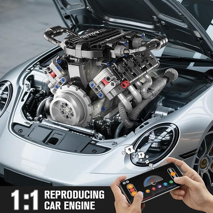 HIGH GODO V8 Engine Kit That Work Visible Car Engine Model Kit with Motor and Lights Build Your Own Car Engine Kit with App Control Kit STEM Project for Teens Adults 14+ (715 PCS)