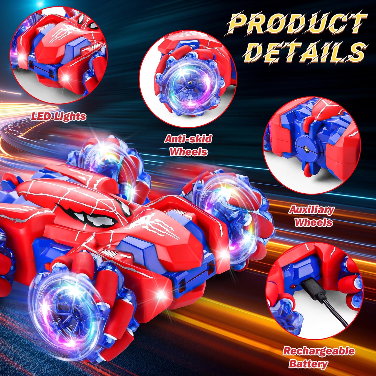 Punieayi Spider Remote Control Car, 2.4Ghz RC Cars with Headlight Double Sided Off-Road 360° Rotating Rechargeable 4WD RC Stunt Car Indoor Outdoor Spider Toys for Boys 4-6 5-7 8-13