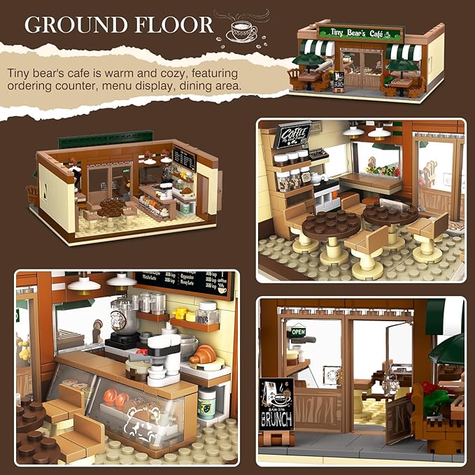 City Coffee House Building Set with Light 1173 PCS Cafe Shop Building Block Toy with Ordering Counter Baking Room House Construction Model Gift for Adults Teens Kids Boys Girls Ages 6-12+