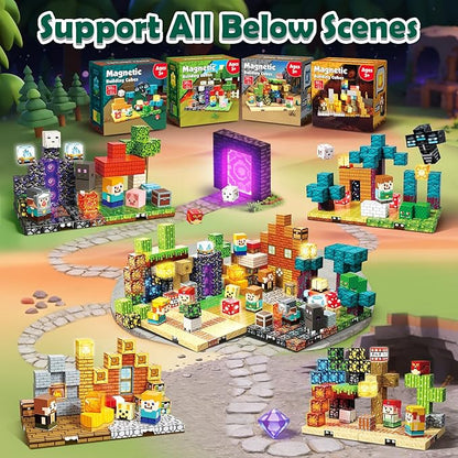 4-in-1 Magnetic Blocks with 24 Light Up Blocks 200PCS Magnetic Building Blocks with 8 Base Plates Screen-Free Magnetic Building Cubes Toy Easter Birthday Gifts for Boys Girls Age 3+