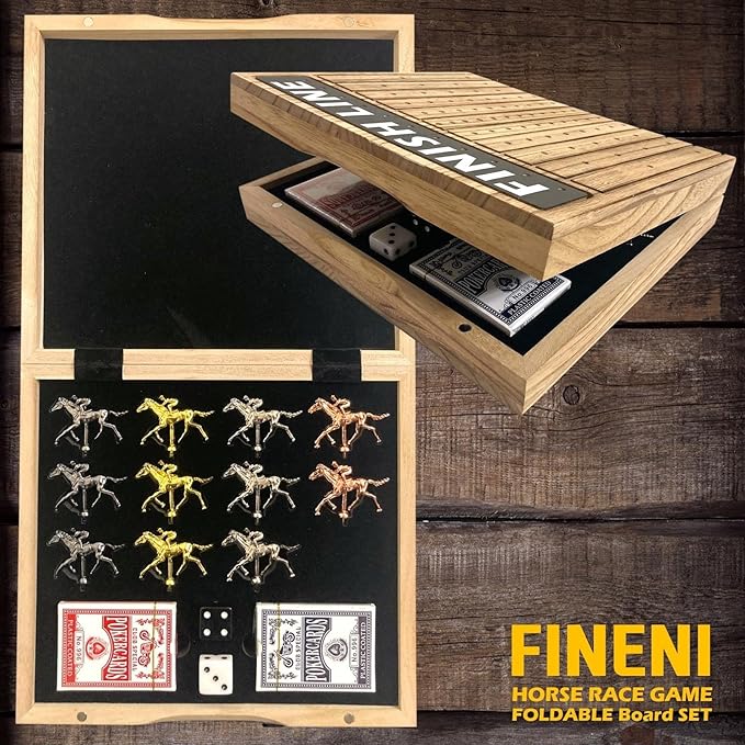 Horse Racing Game for Adults Foldable Horse Race Board Game with 11 Luxurious Metal Horses (Gold Silver Black Bronze) 24” Wood Horse Race Game Board Big Dice 2Card &amp Bag (Log1)