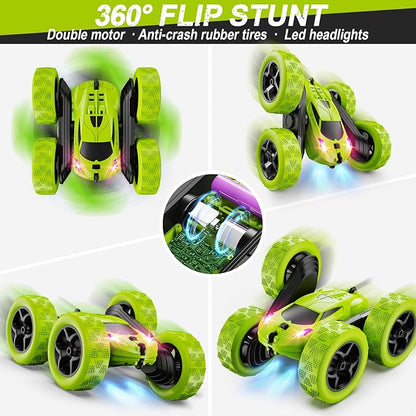 Remote Control Car for Kids Ages 6+ RC Cars Stunt Car Toy 4WD Double Sided 360° Rotating Remote Control with Headlights Birthday Xmas Gifts for Boys 6 7 8 9 10 11 12 Green