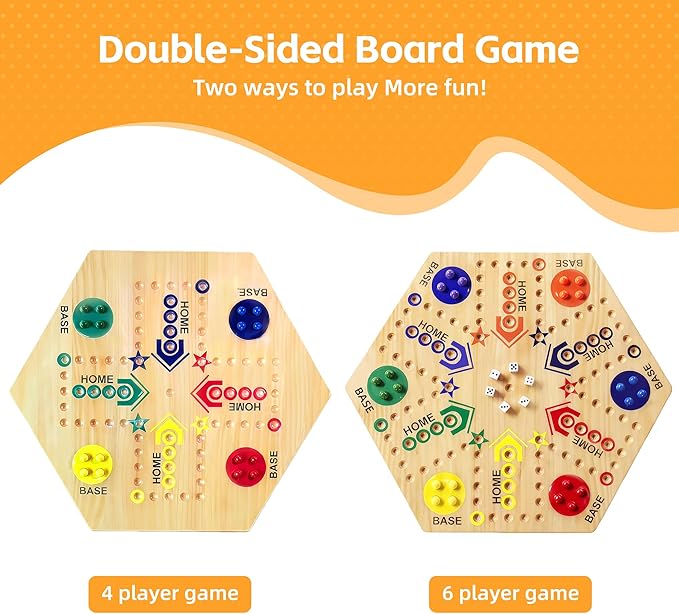 Wooden Board Game Original Marble Game Double Sided Painted 2 to 6 Player Fast Track Board Game Wooden with 6 Colors 24 Marbles 6 Dice for Adults Kids Family(20 INCH)