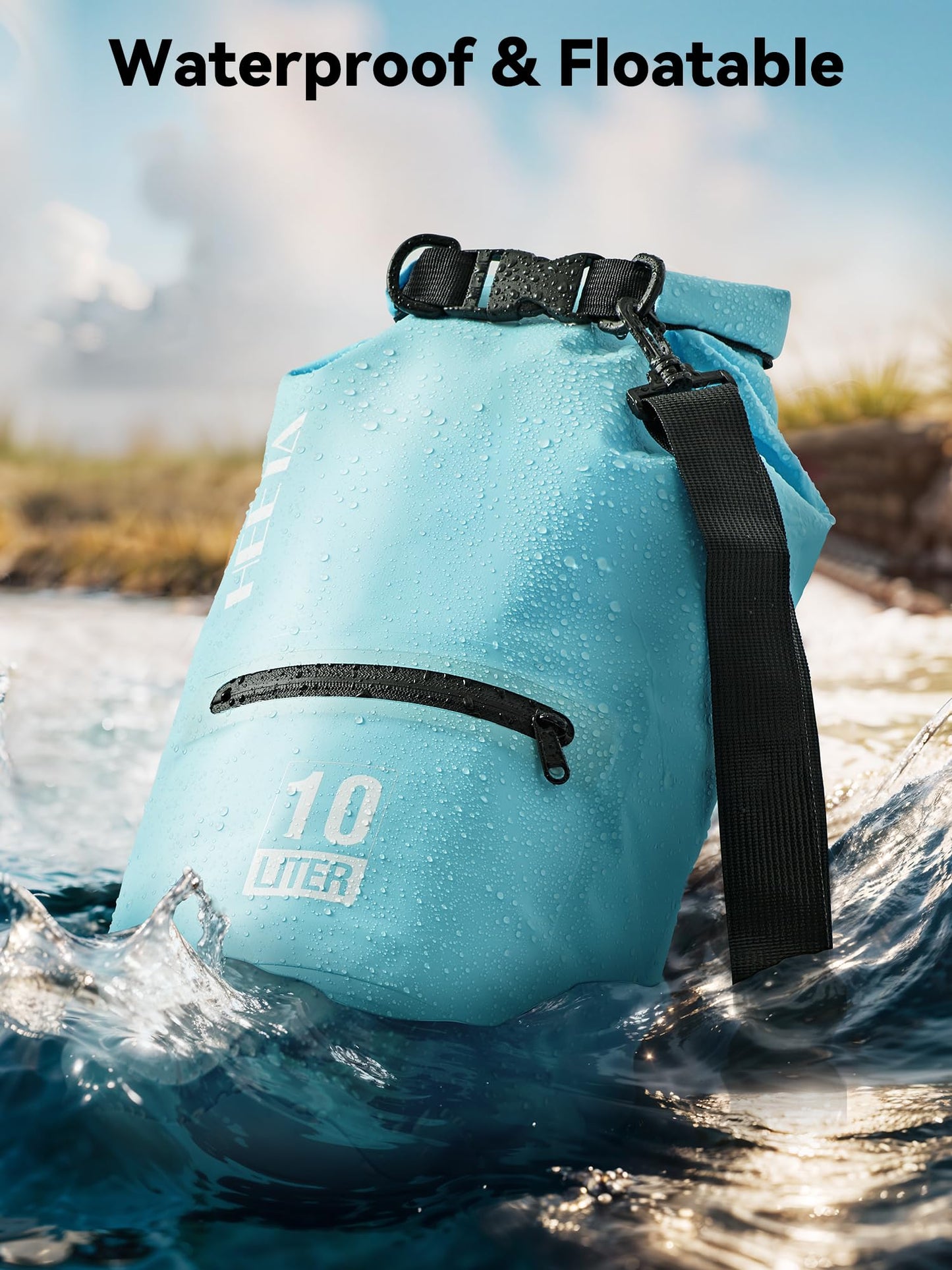 HEETA Waterproof Dry Bag with Front Zippered Pocket for Women Men, 5L/10L/20L/30L/40L Roll Top Lightweight Dry Storage Bag Backpack for Travel, Kayaking, Boating, Rafting, Camping, Beach (Blue, 5L)