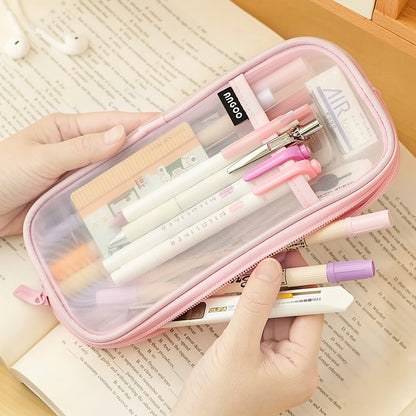 EASTHILL Grid Mesh Pen Pencil Case with Zipper Clear Makeup Color Pouch Cosmetics Bag Multi-Purpose Travel School Teen Girls and Boys Transparent Stationary Bag Office Organizer Box for Adluts(Pink)