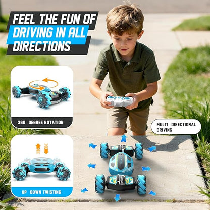 Gesture Sensing RC Stunt Car for Boys 8-12 - Gifts Toy for Kids4WD Remote Control 360° RotatingTransform Hand ControlledBirthday Presents for Boy Age 8 9 10 11 12(Sky Blue)