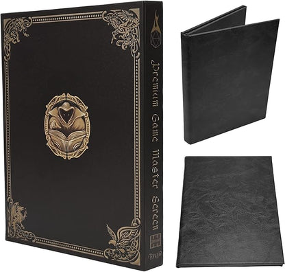 Game Master Screen - 30in Portrait DM Screen Compatible with Dungeons and Dragons and Other TTRPG - Faux Dragon Skin with Clear Dry Erase 8.5 x 11 Pockets - Slipcase Stores with DND Books - Black