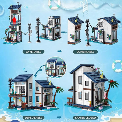 3 in 1 Beach House Building Set Compatible with Lego Friends Seaside Villa Construction Educational Toy with Light Birthday Gift for Kids Girls Aged 8-12 (813 PCS)