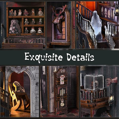 Book Nook Kit with LED Light DIY Miniature Dollhouse Booknook Kit Creepy Scary 3D Wooden Puzzle Bookshelf Insert Decor for Stress Relief Craft for Book Lovers &amp Adult (Haunting Relics)