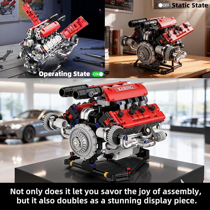 Mini V8 Engine Building Kit That RunsEngine Building Blocks with LED Light for Adults Visible Engine Model Set Construction STEM Toy for Kids Boys (660 PCS)