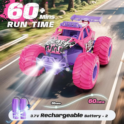 Remote Control Car All Terrain RC Cars with Speed Switch RC Truck with LED Headlight and Rechargeable Batteries 20KM/H Monster Truck Toys Gift for Girls Age 6-8 8-12 Pink