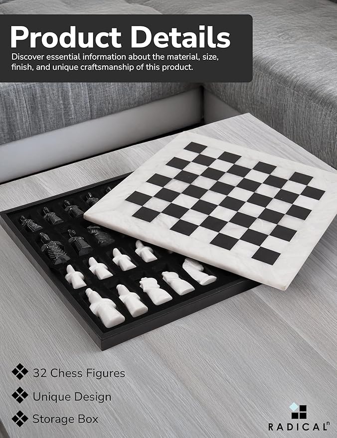 Radicaln Marble Chess Set 15 Inches with Storage Box White and Black Luxury Board Games for Adults Ideal Marble Antique Chess Board Game Set &amp Chess Pieces for Home Decor