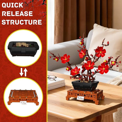 Flower Building Set Plum Blossom Bonsai Building Blocks for Adults DIY Botanical Decor Kit for Home Desk Office Gift for Women 692 PCS