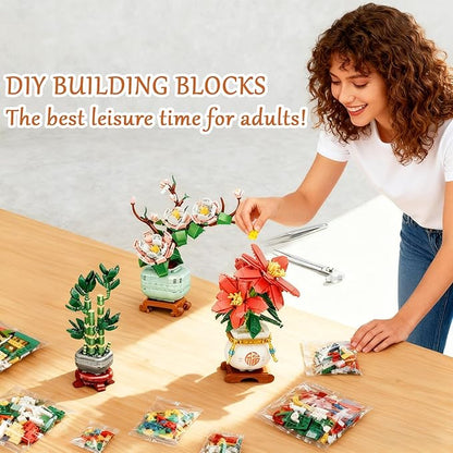 Botanicals 3 Bonsai Flowers Building Blocks Set Lucky Bamboo-Red Poinsettia-Pink Orchid Artificial Flower Bouquet Building Bricks Toy Plants Decor Ideal Valentine's Day Gift for Lover (1576PCS)