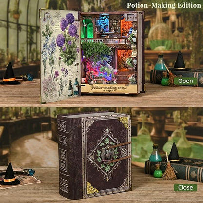 Book Nook Kit DIY Miniature Dollhouse Booknook Kit 3D Wooden Puzzle for Teens and Adults Bookend Bookshelf Insert Decor with LED Light (Potion-Making Edition)