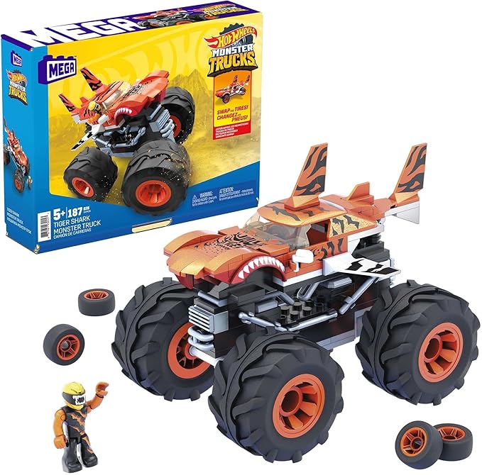 MEGA Hot Wheels Monster Trucks Building Toy Playset Tiger Shark with 187 Pieces 1 Micro Action Figure Driver Orange and Black Kids Age 5+ Years