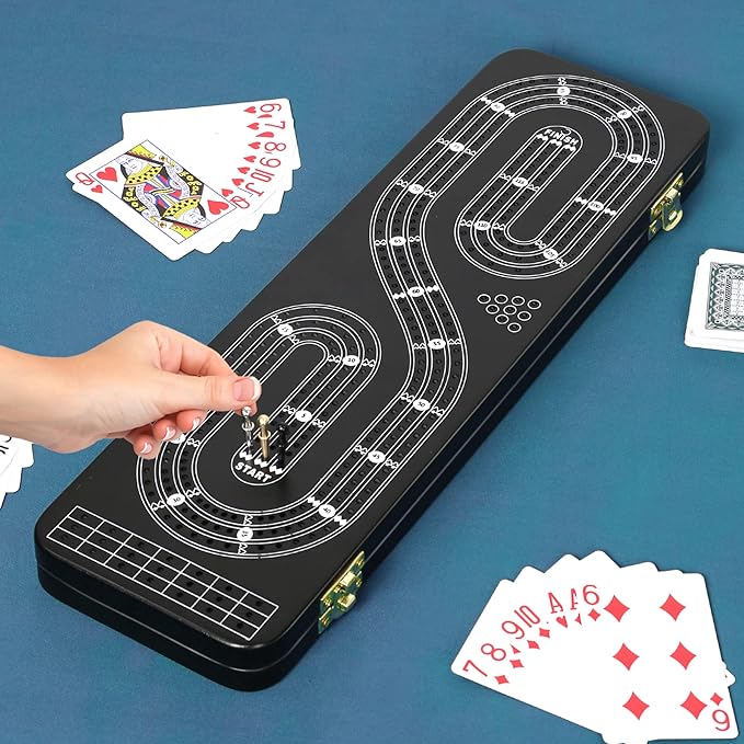 Cribbage Board Game Set 3 Tracks 2 Storage Area with 9 Metal Pegs2 Decks of Playing Cards and Instruction Wooden Travel Portable Cribbage Game Sets