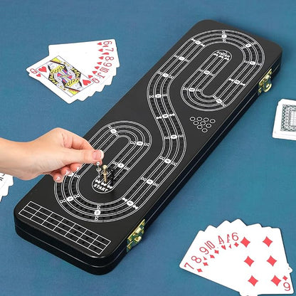 Cribbage Board Game Set 3 Tracks 2 Storage Area with 9 Metal Pegs2 Decks of Playing Cards and Instruction Wooden Travel Portable Cribbage Game Sets