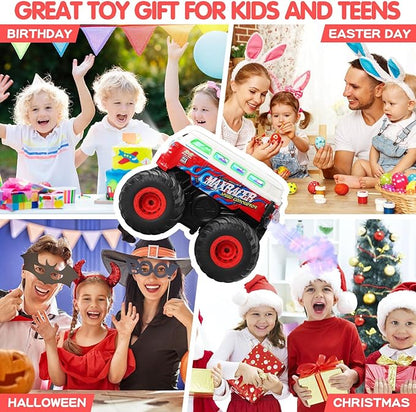 DYODYORC Remote Control Car 2.4Ghz RC Monster Truck Toys All Terrain RC Truck with Spray Music 3 Lighting Effects 360 Stunt Capable All Included Ready to Run Toy Gifts for Boys and Girl (Red)