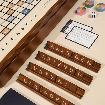 Scrabble Trivial Pursuit and Cribbage 3-in-1 Premium Game Collection by WS Game Company with Rotating Wooden Cabinet Reversible Game Board and Built-in Storage Family Board Games for 2-6 Players