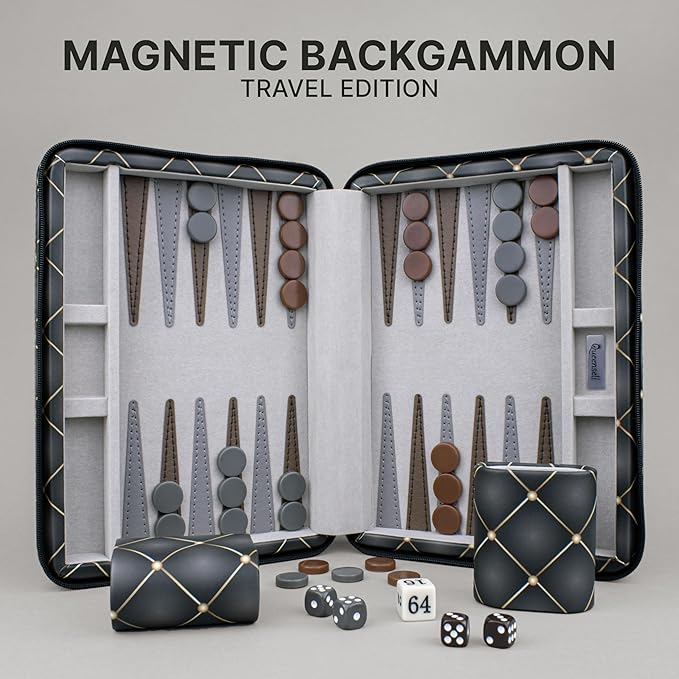 Magnetic Travel Backgammon Sets for Adults - Quality PU Leather Backgammon Board Game for Adults and Kids - 14 Gift for Man Backgammon Board with 32 Magnetic Pieces in PU Leather Case