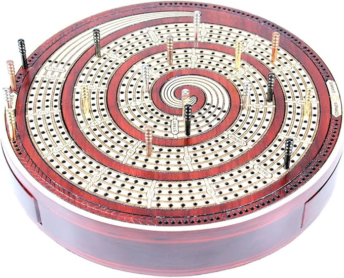 House of Cribbage - Cribbage Board Spiral Design Round Shape 4 Tracks Bloodwood/Maple with Place for Skunks Corners &amp Won Games