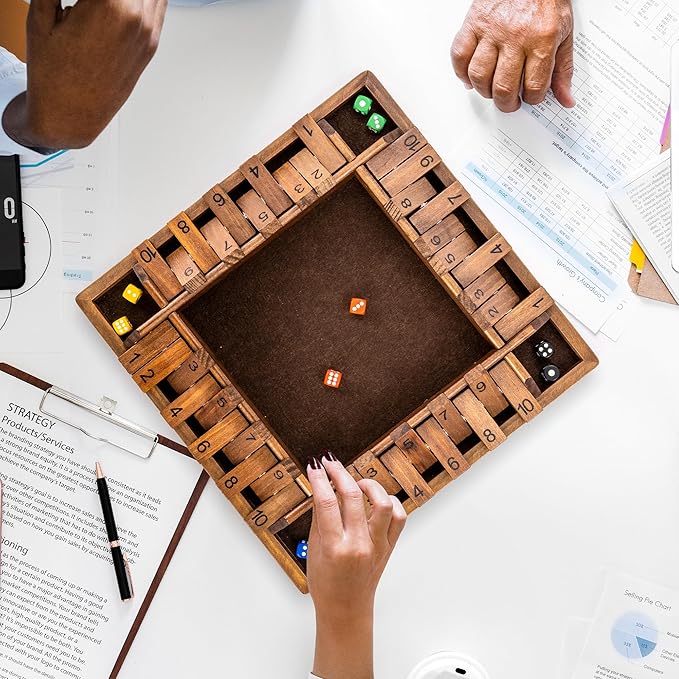 ropoda 14 Inches 4-Way Shut The Box Game (2-4 Players) for Kids &amp Adults (4 Sided Large Shut The Board Game Wooden 8 Dice) – Vintage StyleClose The Box Gamedice Game