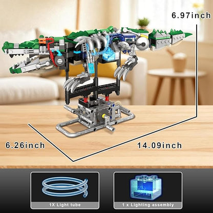 Kinetic Mechanical Crocodile Building Kit - Light-Up Interactive Animal Model with Hand-Crank Moving Jaw Claws &amp Tail - STEM Construction Toy for Kids &amp Adults