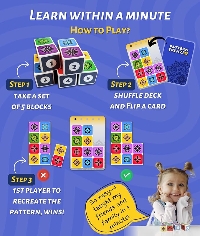 Pattern Matching Board Game for Kids &amp Adults Family Night Board Games Block Puzzle Games for Kids Ages 3+ to 99 yrs Play 1 to 5 Players Unlimited Puzzle Cards Perfect All Occasion Gift