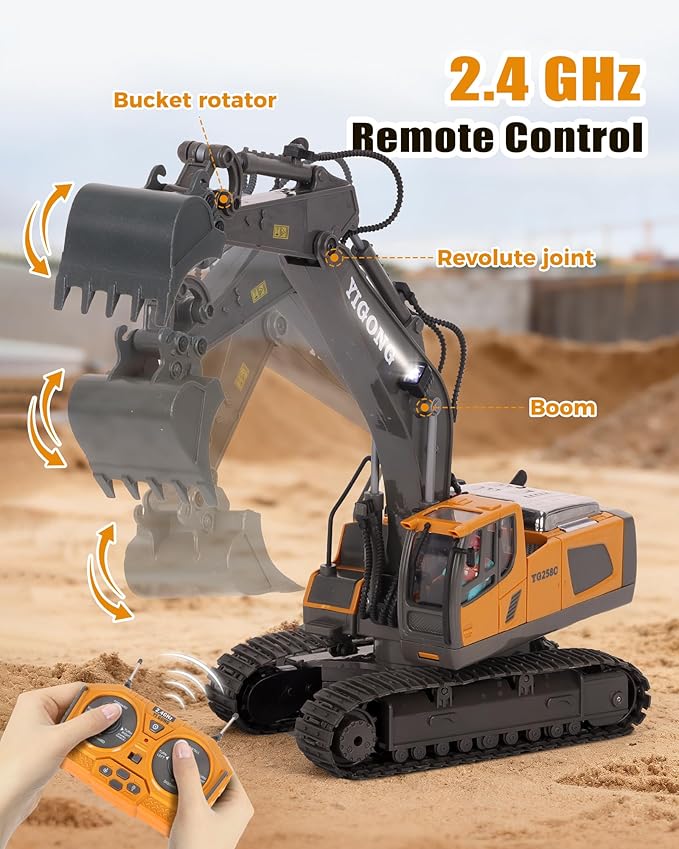 HuiJuKeJi 11-Channel Remote Control Excavator Toy Rechargeable 2.4 GHz RC Construction Vehicle for Kids 680° Rotation | Metal Shovel | Lights &amp Sounds for Boys Ages 6-12