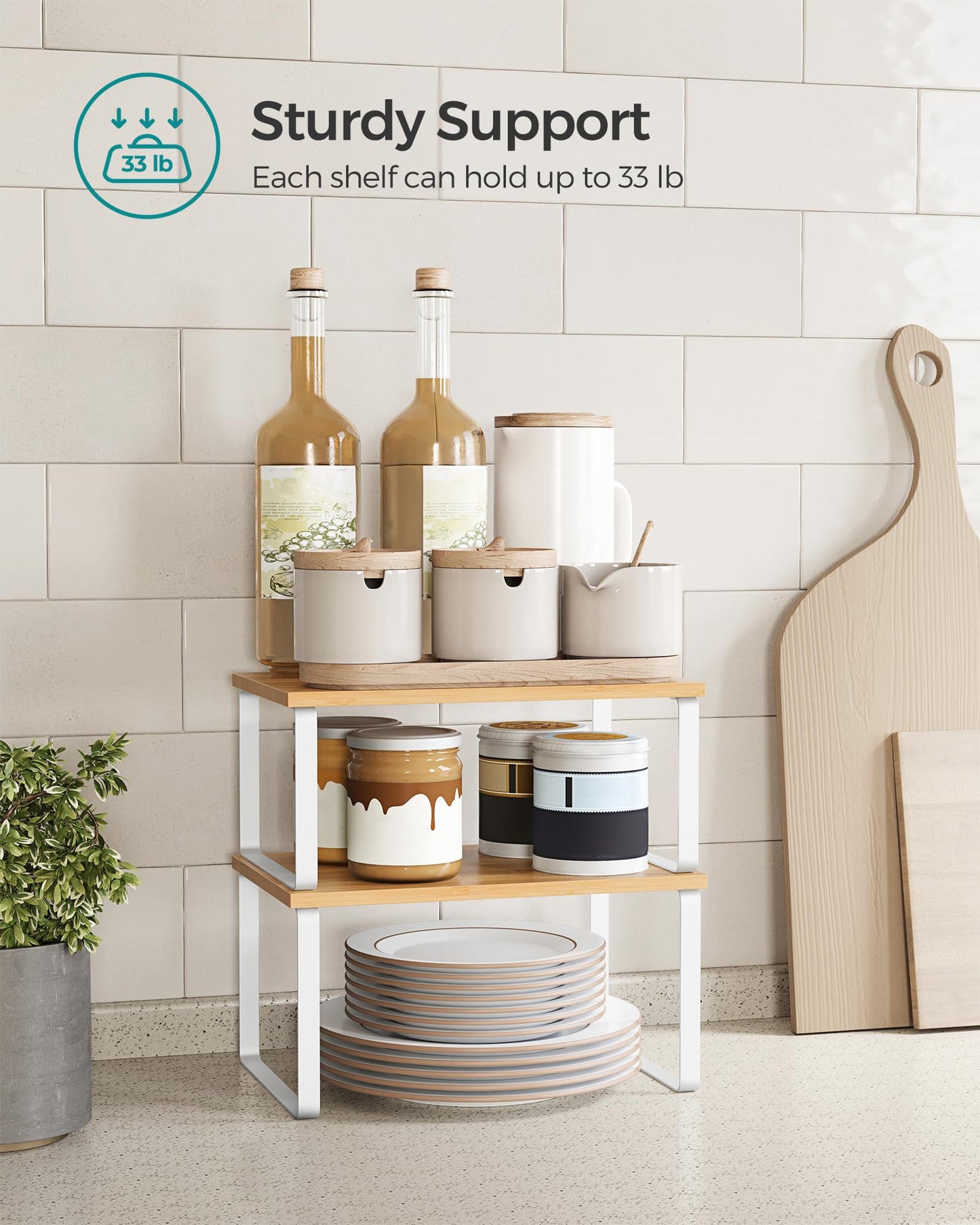 SONGMICS Cabinet Organizer Shelf, Set of 4 Kitchen Counter Shelves, Kitchen Storage, Spice Rack, Stackable, Expandable, Metal and Engineered Wood, Cloud White and Natural Beige UKCS010N01