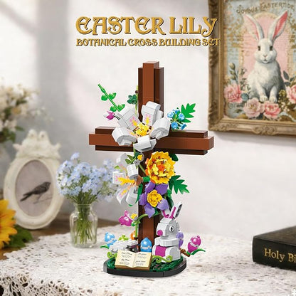 Easter Cross Flower Building Blocks Set - Jesus Botanical Lily Cross with Bunny Lamb &amp Eggs - Religious Christian Gifts for Women &amp Adults - Spring Resurrection Home Decor