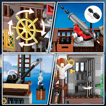 HOGOKIDS Pirate Ship House Building Set with LED Light - 3 Style Modes Pirate Wharf Supply Center Building Block Set 781PCS STEM Bricks Kit for Kids Girls Boys Ages 6-12+ Valentines Gifts
