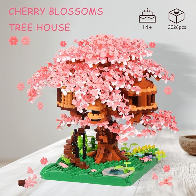 Cherry Blossom Tree Building Block Set Gift for Adults Girls Boys 14+ Cherry Bonsia Treehouse Micro Building Blocks Japanese Sakura Flowers House 2028PCS