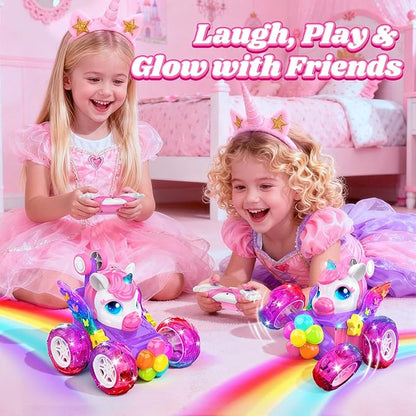 Unicorn RC Cars for Girl Toys with Glowling Crystal Wings &ampEyes Lights360°Rotation Remote Control Car Unicorn Stunt Car Birthday Gifts Easter Basket Stuffers for 3 4 5 6 7 8 9 10 Year Old Girls