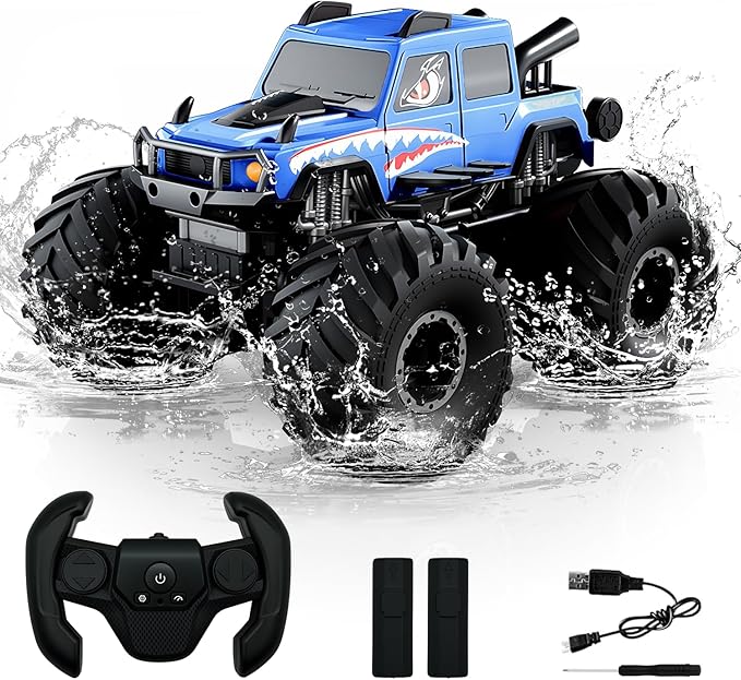 Amphibious Remote Control Trucks2.4G 1:18 4WD All Terrain Off-Road Waterproof Monster RC Cars Pool Toys Hobby RC Vehicle Christmas Birthday Gifts for Kids Boys Girls 8 9 10 11 12+ Bule