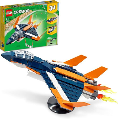 LEGO Creator 3 in 1 Supersonic Jet Plane Toy Set Transforms from Plane to Helicopter to Speed Boat Toy Buildable Vehicle Models for Kids Boys and Girls 7 Plus Years Old 31126