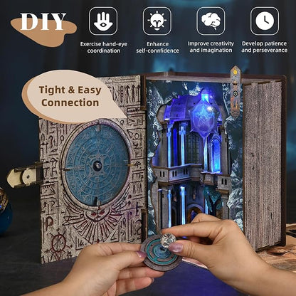 Book Nook Kit with LED Light Miniature House Kit for Birthday 3D Wooden Bookends Puzzle Bookshelf Decor for Adults Teens Beginners (Circle of Magic)