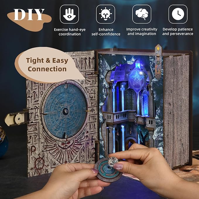 Magic Booknook Building Set with LED Light Mini Bookend Building Kit for Bookshelf &amp Home Decor DIY Miniature Book Nook Building Model for Kids Adults Teens (Circle of Magic)