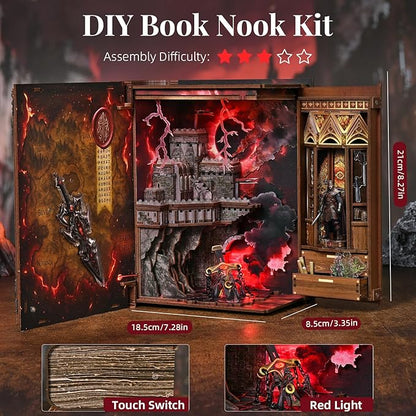 Book Nook Kit with LED Light Miniature House Kit for Birthday 3D Wooden Bookends Puzzle Bookshelf Decor for Adults Teens Beginners (The Sword of Fire)