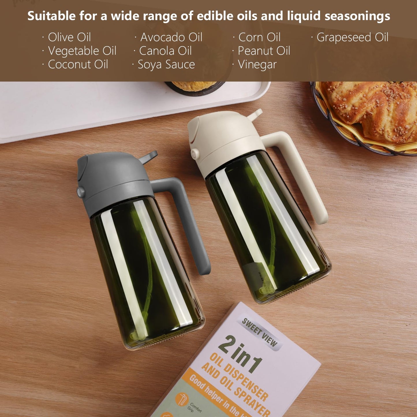 Olive Oil Dispenser and Oil Sprayer – 16oz/470ml Glass Light-Proof Oil Pourer for Kitchen, Air Fryer, Cooking, Salad, and BBQ